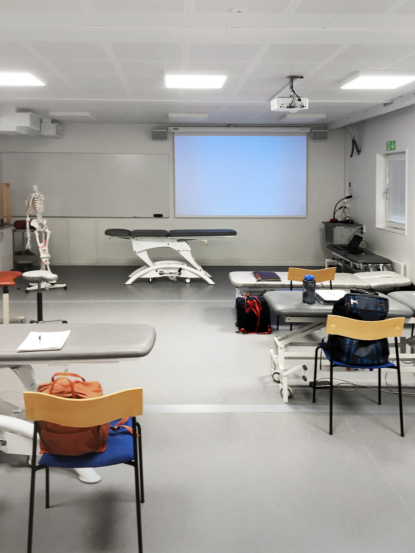 Rum för vård eller fysioterapi med behandlingsbänkar, stolar, en skelettmodell, projektorduk och teknisk utrustning för presentationer.
