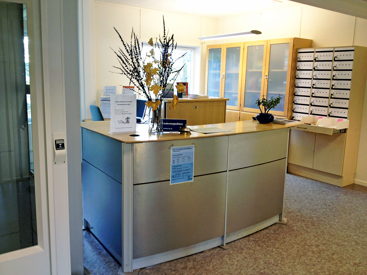 Reception i kontorsmodul med disk i ljusa material, förvaringsskåp, postfack och dekorativa växter i en funktionell och välbelyst kontorsmiljö – flexibel kontorsmodul från Expandia.